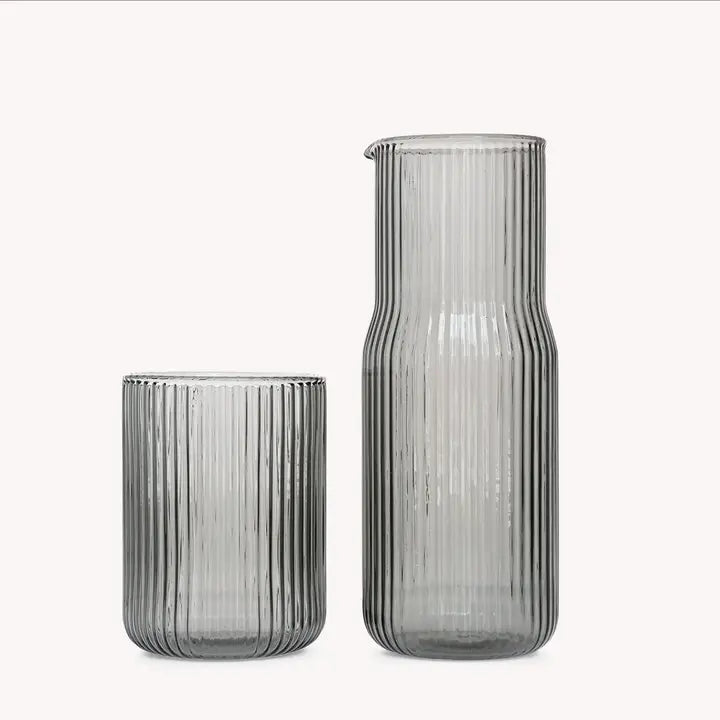 Tinted Carafe and Cup Set Glass Ribbed and Tinted
